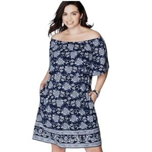 J. Jill Women Off the Shoulders Blue Floral Tiered‎ Knit A-Line Dress
